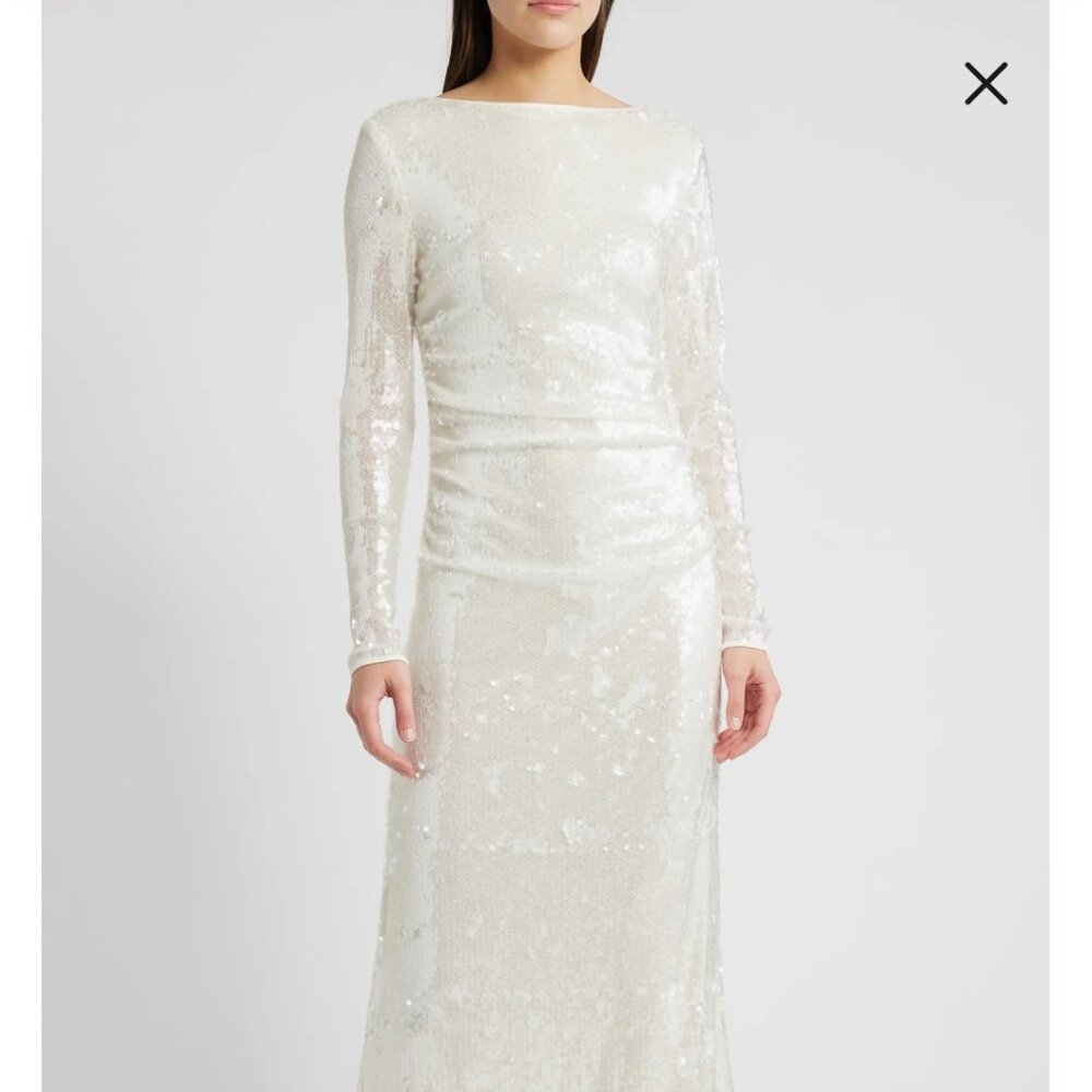 WAYF Women Kieran Sequin Cowl Back Long Sleeve Cocktail Dress Ivory Size M